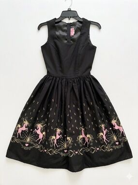 Rare Pinup Couture Magic Horses in Love Aurora Dress Black Pink Unicorn Size S
